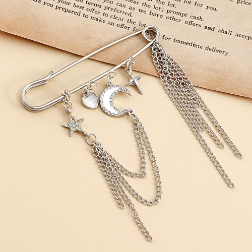 Image of Vintage Tiny Star Moon Brooches Pins Y2K Pins Jewelry Shining Shooting Star Opal Moon Heart Pendant Lapel Pin Women Safty Pin Fashion Clothes Accessories