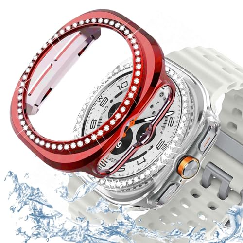 DEALELE [2-Pack] Cases Compatible with Samsung Galaxy Watch Ultra 47mm (2025/2024), Bling Rhinestone Diamond PC Protective Case Replacement Watch Cover for Women Men, Red + Transparent