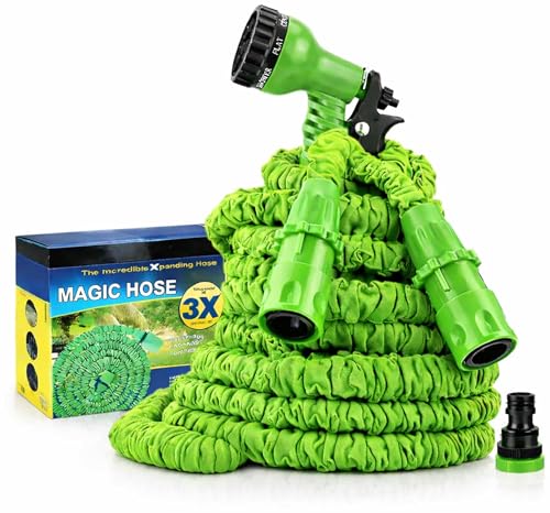 Manguera Extensible de jardin de 7,5 metros, Verde, Látex y Poliéster, Pistola Rociadora 8 Funciones, Retráctil, para Jardín, Lavado de Coches, Riego de Plantas, Limpieza. Manguera jardin alta presion