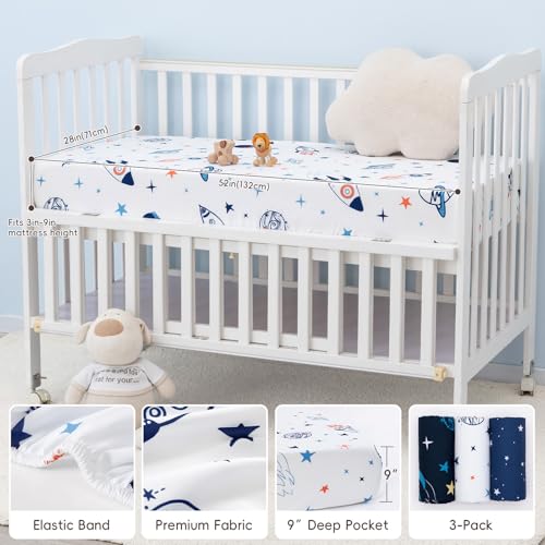 Image of david's kids 3 Pack Fitted Crib Sheets, Ultra Soft Breathable Comfortable Baby Sheet Set for Boys Girls Neutral, 28x52 Inch Fits Standard Crib and Toddler Mattresses, Space