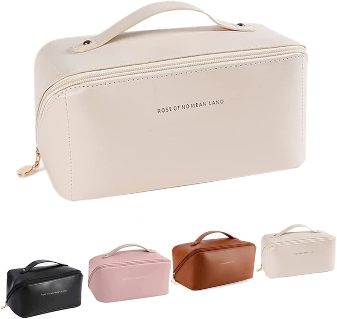 KRUPASADHYA Large Size Cosmetic Travel Bag,Women's Makeup Travel Bag Portable Leather Cosmetics Bag with Handle and Divider Wide Opening Cosmetic/Makeup Organizer Bag (Multicolor) 1