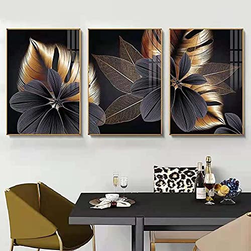 Peinture Salon Triptyque Feuille Dorée Abstrait pour Grand Mur Vide 50x70