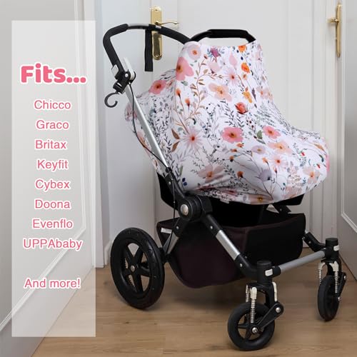 Image of Rquite All-in-1 Car Seat Cover Baby, Carseat Covers for Girl Boy, Stretchy Soft Infant Car Seat Cover, Multi-use Baby Carrier Cover, Car Seat Canopy, Stroller Sun Shade, Nursing Breastfeeding Cover