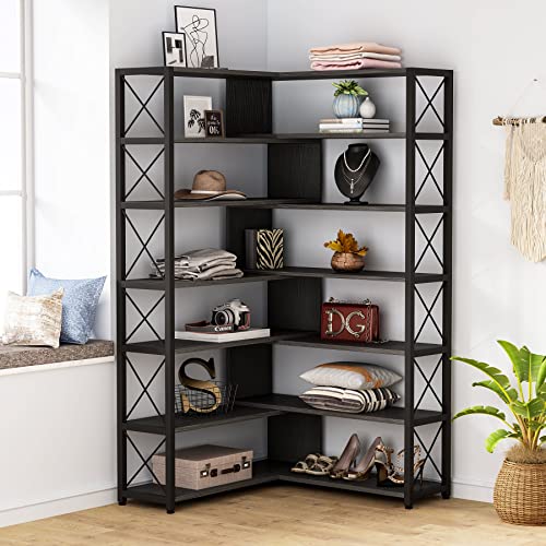 Tribesigns 6-Shelf Corner Bookcase, Vintage Industrial Corner Bookshelf Etagere Bookcase, 6 Tier Corner Shelf Storage Rack With Metal Frame For Living Room Home Office (Black) #TOP1