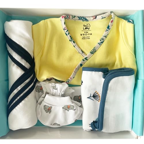 Image of TinyLane - Curated for you! 100% Organic Hypoallergenic Bamboo Fabric Newborn Baby Shower Gift Set Essentials for Baby Boy & Girl, 0-6+ Months, Pack of 9, Multi-Color, Skin-Friendly, (Yellow)