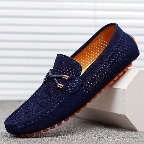 Men's Penny Loafers Suede Driving Moccasins Perforated Slip-On Loafers with Orange Sole Flats Boat Shoes2