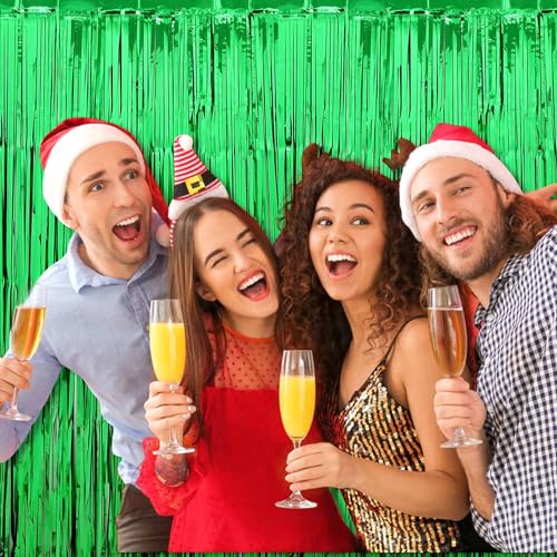 Image of 3 Pack Green Foil Fringe Curtains Backdrop, 3.28 x 9.8 Ft Metallic Streamers Tinsel Curtains Background for Photo Booth, Birthday, Halloween, Christmas, Thanksgiving, New Year Party Decorations