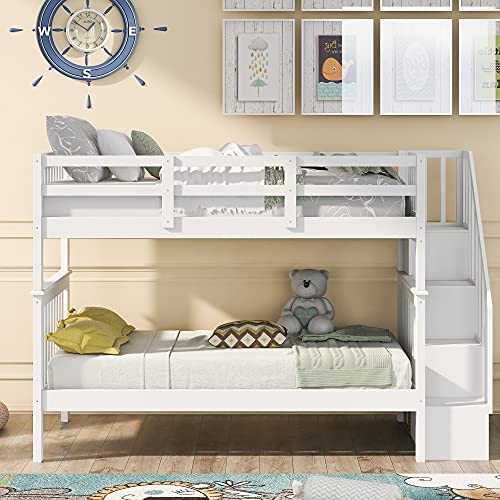 Harper & Bright Designs Twin Bunk Beds, Twin over Twin Bunk Bed with Stairs and Storage, Low Bunk Beds Twin over Twin for Kids Girls Boys, White