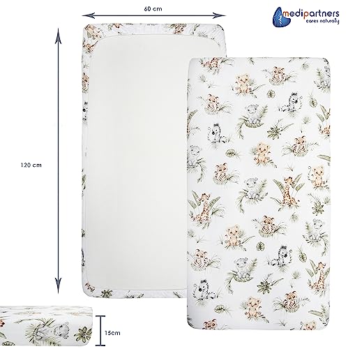 Miniatura 4 de Medi Partners Sabana Bajera Cuna 60x120 Set De 3-100 Algodon Sabanas De Algodón Bebe Ropa De Cama Para Bebés Dormir Cuna Fitted Bed Sheet Protector Safari-Blanco-Gris