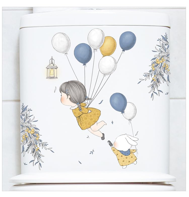 Image of Cute Girl and Bunny Balloon Toilet Lid Sticker for Kids Bathroom Decor Baby Girl Boy Room Decor