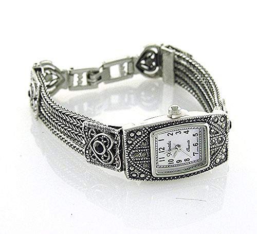 Ladies Marcasite With Rope Band And Onyx Encrusted Heart Watch #TOP1