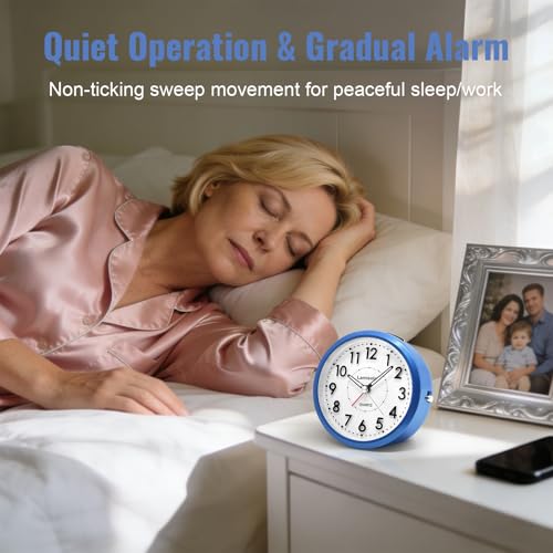 Image of Lamisola 4 Inch Alarm Clock for Bedrooms, Small Analog Desk Clock, Blue | Battery Operated Bedside Clock for Bedroom Bathroom Home Nightstand Shelf, Night Light Snooze, Minimalist Clocks for Seniors