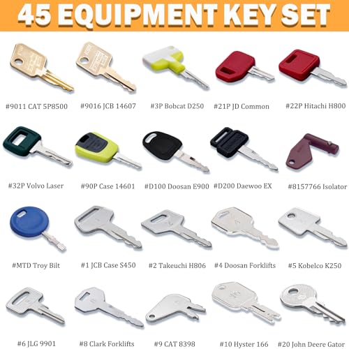 Image of 45 Construction Equipment Operator Keys, Heavy Equipment Key Master Set for Caterpillar Cat John Deere JCB Volvo Hyster Yanmar Takeuchi Yanmar Kubota Toyota Komatsu Excavator Dumper Dozer