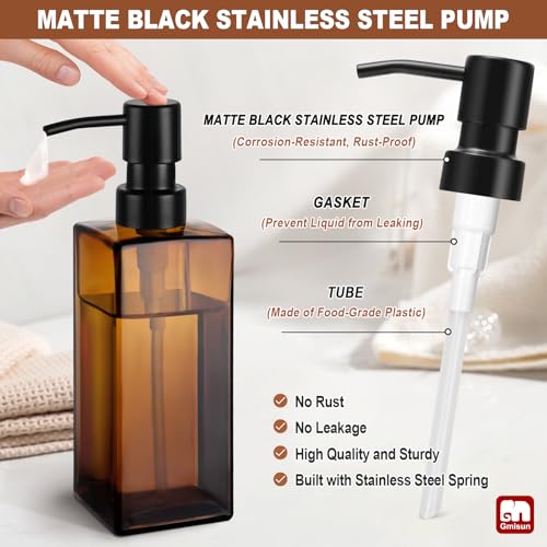 Image of GMISUN Amber Glass Soap Dispenser, Hand Soap Dispenser with Stainless Steel Pump for Bathroom, 12 fl oz /350ml Refillable Dish Dispensers for Kitchen, Modern Liquid Lotion Bottles for Countertop