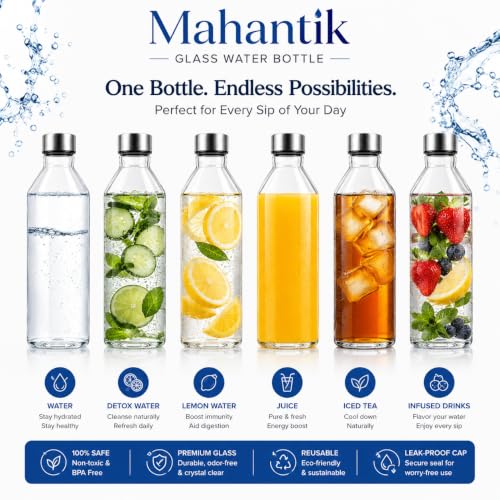 Image of 750ml Glass Water Bottle Pack of 2 with Stainless Steel Leak Proof Cap, Reusable Transparent Drinking Bottles for Home, Office, Gym, Travel & Refrigerator Storage