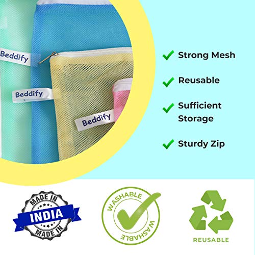 Image of Beddify Set of 6 Reusable Fridge Mesh Fabric Storage Bag for Vegetables and Fruits with Zip Lock (9 X 14 Inches) Multi Color