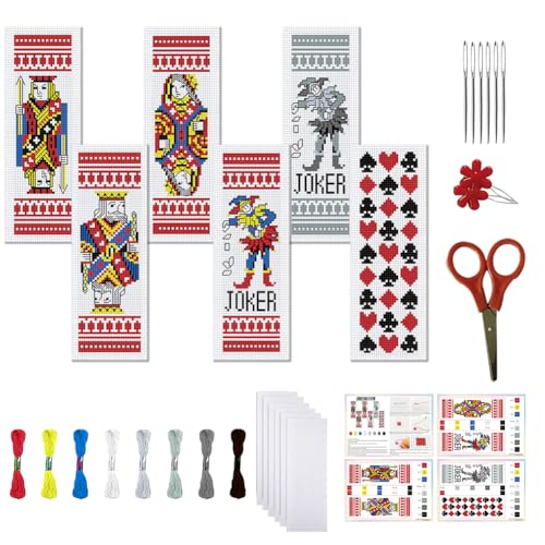 Image of FREEBLOSS 6 Set Cross Stitch Bookmarks Kit Poker Stamped Cross Stitch Kit DIY Embroidery Bookmark Set with Instruction for Adults Beginners Gift for Reading Enthusiasts 8 * 2.4inch 11CT