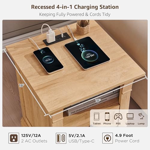 Image of Nightstand Set of 2, 18 inchSide Table with Charging Station, w /Roman Column