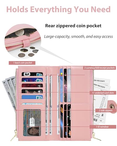 Image of Pink Women's Slim Wallet,Thin RFID Card Holder with Zipper Pocket | 12 Slot Wallet Organizer, Large Capacity, Vegan Leather, Coin Purse, Cash Compartment, Travel Wallet, Women Gift