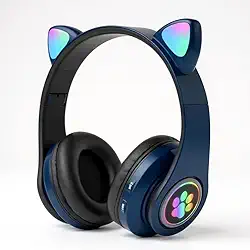 Fone de Ouvido Infantil Bluetooth com Orelhas de Gato, Luzes RGB, Dobrável, Ajustável, Conforto Prolongado e Conectividade Multiuso (Azul)