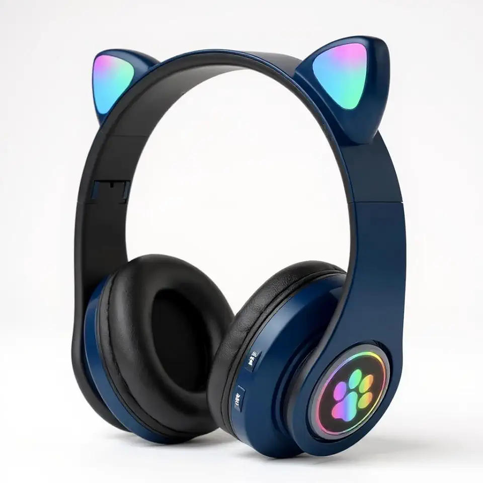 Fone de Ouvido Infantil Bluetooth com Orelhas de Gato, Luzes RGB, Dobrável, Ajustável, Conforto Prolongado e Conectividade Multiuso (Azul)