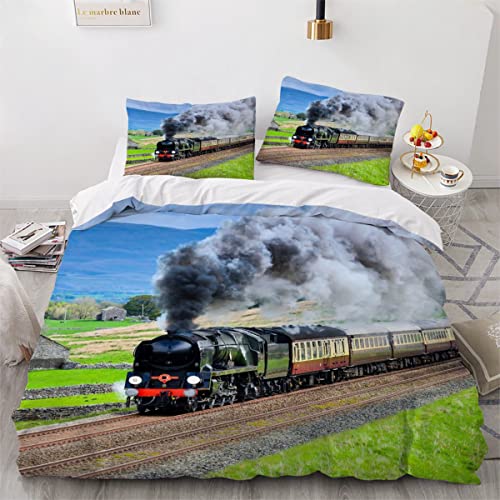 Housse de Couette 140x200 Enfant Train à Vapeur 3D Motif Locomotive Rétro Parure de Lit 1 Personne avec Fermeture Éclair Doux Microfibre 3 pièces Literie et 2 Taie d'oreiller 50x75