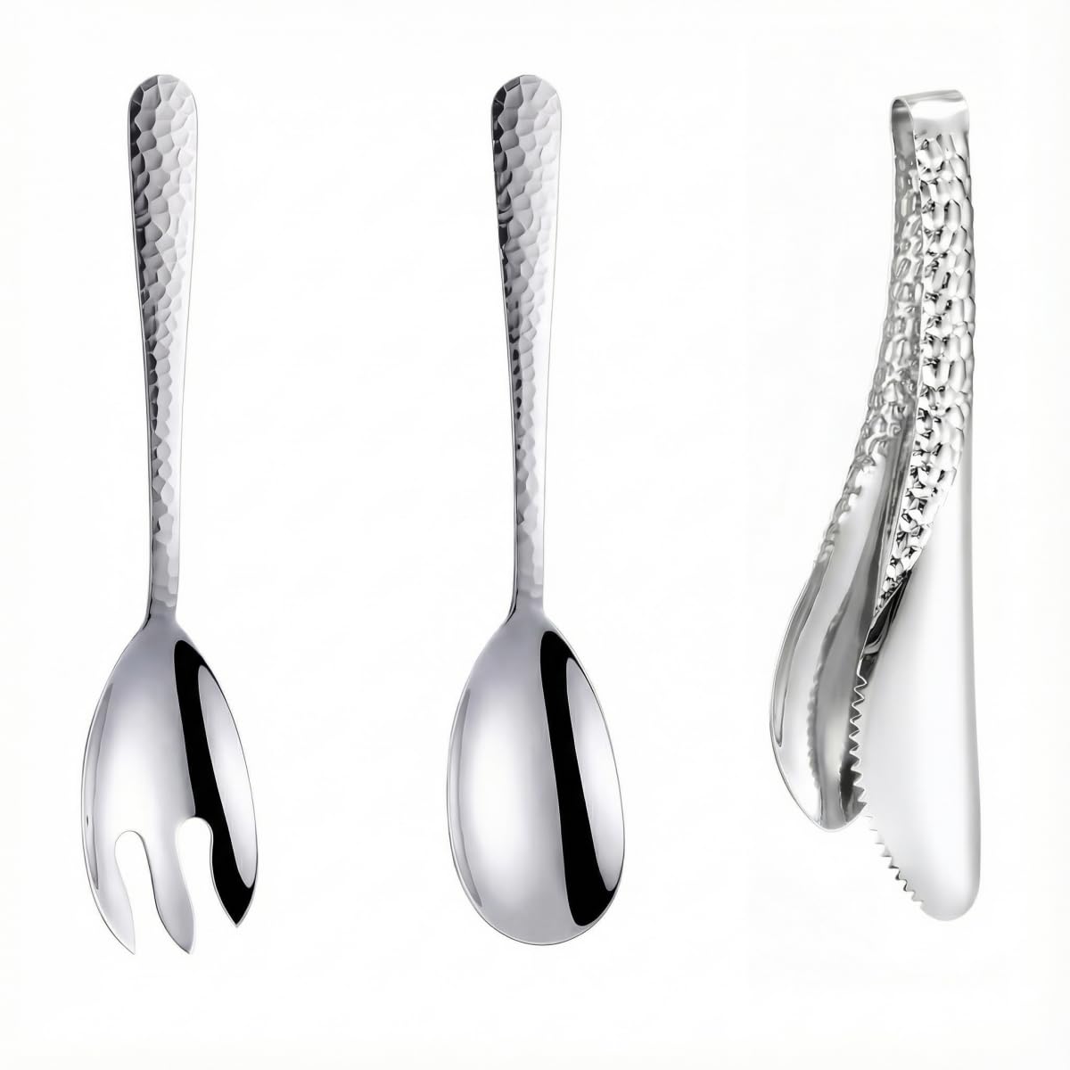 Salad Spoon and Fork Stainless Steel Tong Serving Set, Heavy Duty Hammered Finish Serving Utensils Large Salad Servers for Kitchen Party Buffet Supply (Silver)