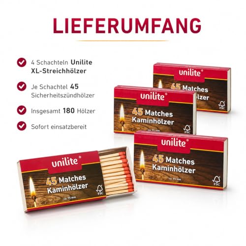 jameitop® XL Streichhölzer 4 Schachteln Feuer/Holz Zündholzschachtel Zündhölzer 180 Stück Sicherheitszündhölzer, 95mm