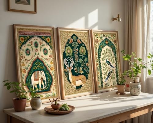 Image of Livin'luxe Set of 3 Traditional Mughal Animal Bird Wall Paintings for Living Room Bedroom Home Decor with Premium Wooden Color Synthetic Frame (13.5 x 19.5 Inch) NM03-56