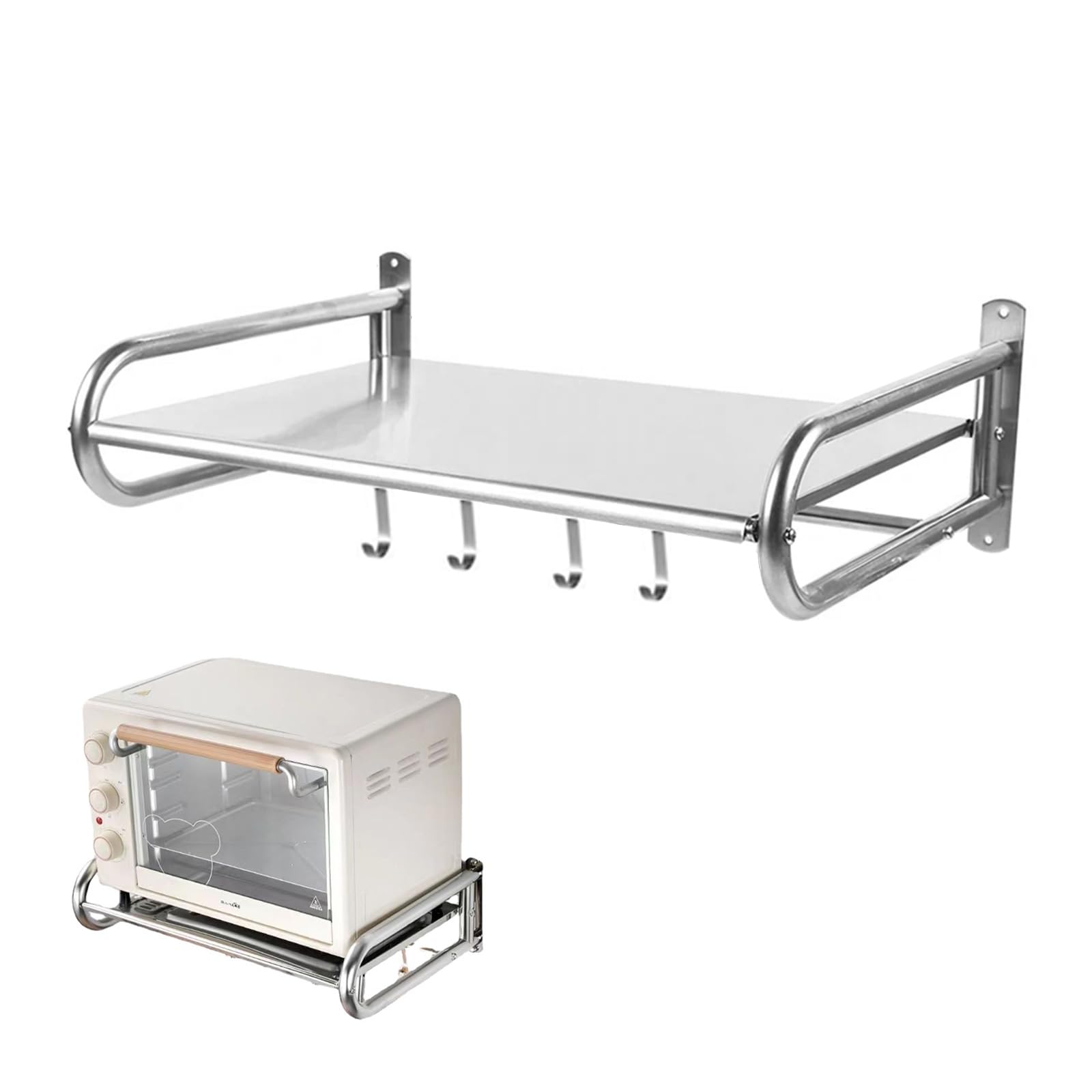 TWSOUL Mensola per microonde, montaggio a parete, con 4 ganci, in acciaio inox, per forno, microonde, spezie, stoviglie da cucina