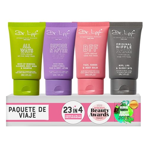 Dr. Lipp All You Need [2 x 100ml, 75ml y 15ml] – Kit natural 23-en-4 multifunción: gel de ducha, champú, acondicionador, loción corporal, bálsamo labial y para pezones – cuidado piel y cabello seco