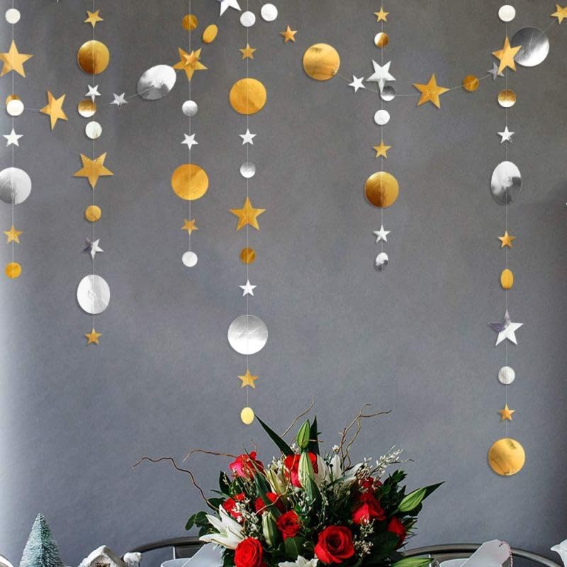 Image of Gold Silver Party Star Circle Dot Decoration Gold Silver Hanging Garland Streamer Decorations Glitter Star Bunting Banner Twinkle Backdrop for Engagement Wedding Baby Shower Birthday Christmas
