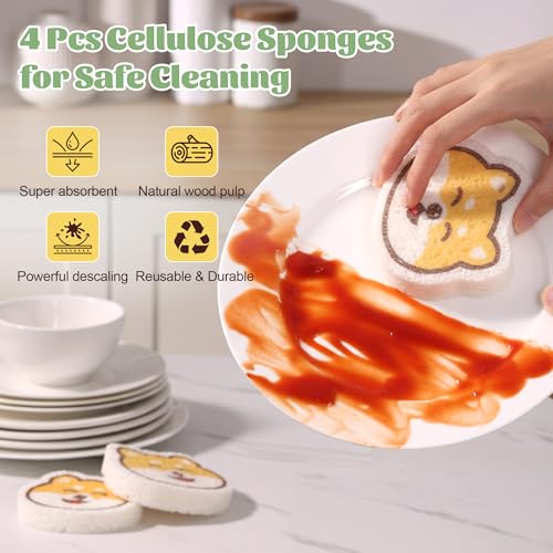Image of JOYMOOP Cartoon Kitchen Sponge, Cellulose Sponges for Cleaning, 4 Pack Non-Scratch Sponges for Washing Dishes, Reusable Sponge for Kitchen, Bathroom and Office - Doggy Pattern