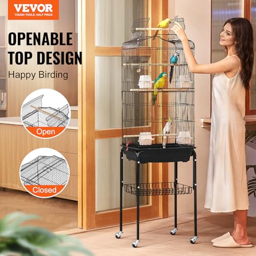 VEVOR 64-inch Open Top Large Parrot Bird Cage with Detachable Rolling Stand for Parakeets Finches Canaries Lovebirds Cockatiels Budgies Small Quaker Conures Flight Birdcage with Swing and Perch - Image 2