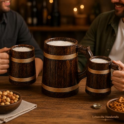 Image of Wide Verticle Grooves Wooden Beer Bar Combo Set|Barrel Shaped Mug|2 Small Beer Mug 350ML Size: 5 x 4 inches Each & 1 Beer Jug Large 750ML Size: 7 x 4.5 inches