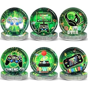 Naozinebi 60Pcs Video Game Party Plates 7 Inch Gaming Birthday Decorations Disposable Dessert Plates for Kids Boys Green Game On Theme Party Supplies