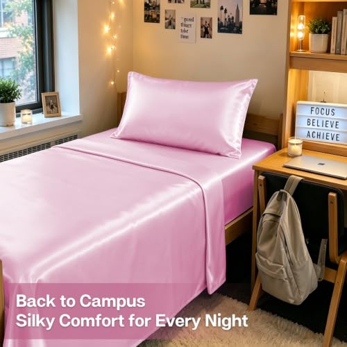 Image of MR&HM Satin Bed Sheets, Twin Size Sheets Set, 3 Pcs Silky Bedding Set with 15 Inches Deep Pocket for Mattress (Twin, Pink)