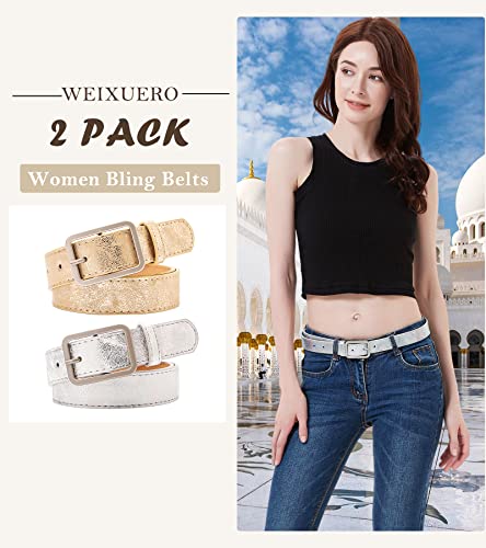 Weixuero Gold Silver Belts For Women Two Pack 2 Bling Shiny Leather Belt Club Party Jeans Pants Dress Glitter Golf Belt M Pack 2 #TOP2