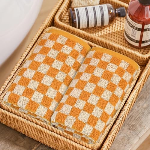 Image of Jacquotha Soft Hand Towels 4 Pack, Orange Checkered Kitchen Towels Set | Decorative Bathroom Fall Decor 13x29 Inches