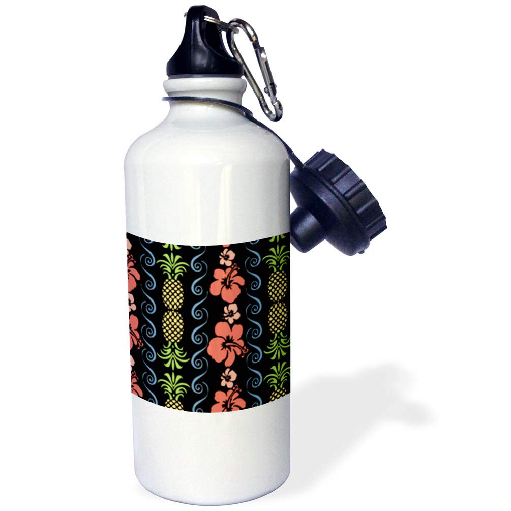 3dRose "Hawaiian Floral" Sports Water Bottle, 21 oz, White