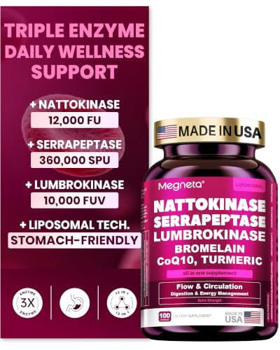MEGNETA Nattokinase Supplement 12 000 FU with Serrapeptase 360 000 sPU Lumbrokinase 10 000 FUV & CoQ10 Multi-Enzyme Formula for Daily Circulatory Digestive & Antioxidant Wellness 100 Capsules