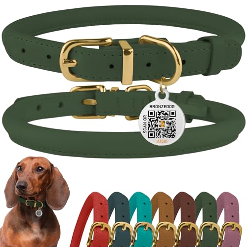 BRONZEDOG Collier en Cuir roulé avec étiquette QR ID - Collier Rond Souple réglable pour Chiens de Petite, Moyenne et Grande Taille - Tour de Cou de 35,6 à 40,6 cm -...