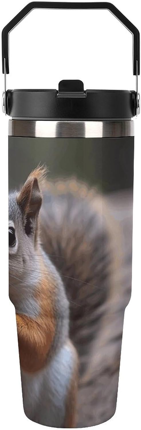 Cute Squirrel Water Bottle 30 Oz Fits Car Cup Holder,Insulated Coffee Mug Large Capacity Car Cups,Stainless Steel Double Wall Sport Bottle for Travel Sports Gym