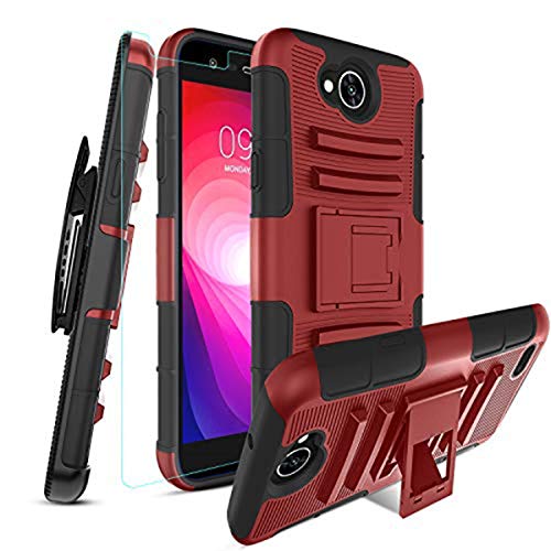 LG X Power 2 Case/LG Fiesta 2 LTE/LG X Charge/LG Fiesta LTE with [Tempered Glass Screen Protector] Built-in Kickstand Swivel Combo Holster Phone Belt Clip Heavy Duty Shockproof Case(PC-Red)