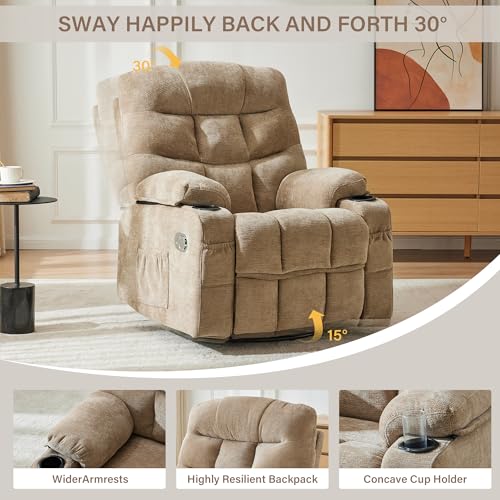 Image of Manual 360Swivel Rocker Recliner Chair,Single Recliner Seat with Cup Holders,Recliner Chairs for Adults, Upholstered Fabric Lazy Boy Recliner for Bedroom,Living Room,Brown