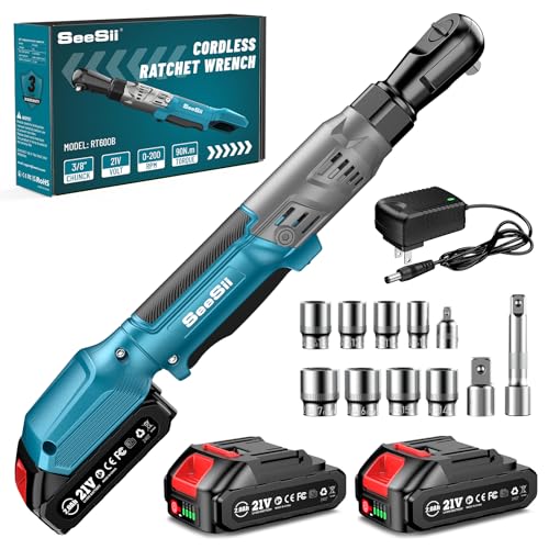 Seesii 21V Cordless Electric Ratchet Wrench Set, 66Ft-lbs 200RPM Power Ratchet Wrench 3/8", Variable Speed Trigger, 2x 2.0A Batteries & Charger, 8 Sockets, 1/4" and 1/2" Adapter, 3" Extension Bar