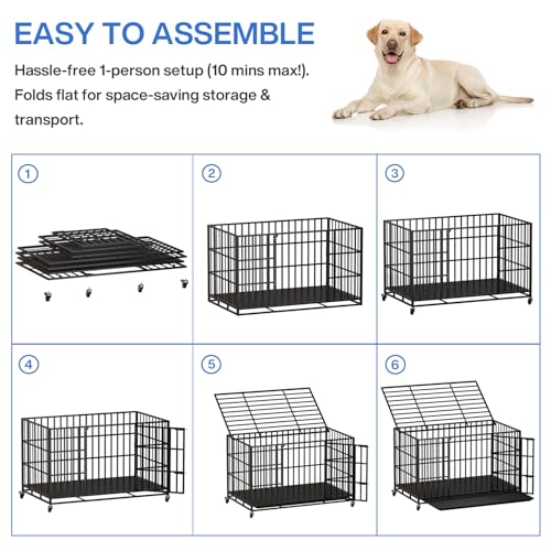 LEMBERI 48 Inch Heavy Duty Dog Crate for Large Dogs | Indestructible indoor dog kennel, escape proof cage for high anxiety dogs with double door, lockable wheels, removable tray - Image 6