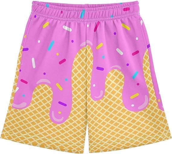 3 Stripes Boys Ice Cream Shorts, Ice Cream Baseball Shorts, Boys Summer Cute College Style, Elastic Waist Casual Pants2