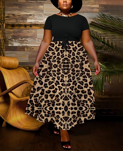 Image of Hostoyo Women Plus Size Formal A Line Maxi Dress Self Tie Waist with Pockets Elegant Round Neck Swing Long Dresses