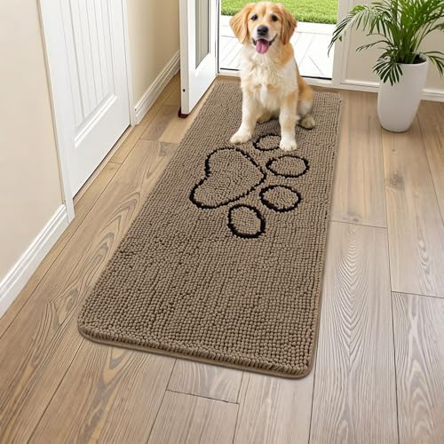 Image of Smiry Dog Door Mat for Muddy Paws, Absorbent Dirt Trapper Non Slip Quick Dry Washable Chenille Mat for Mud Dogs, Entry Rug for Indoor and Outdoor (45x27 Inches, Camel and Black)
